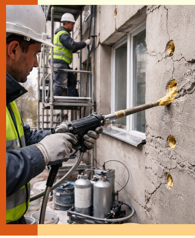 Заполнение пустот в фасаде и утепление стен в Удомле